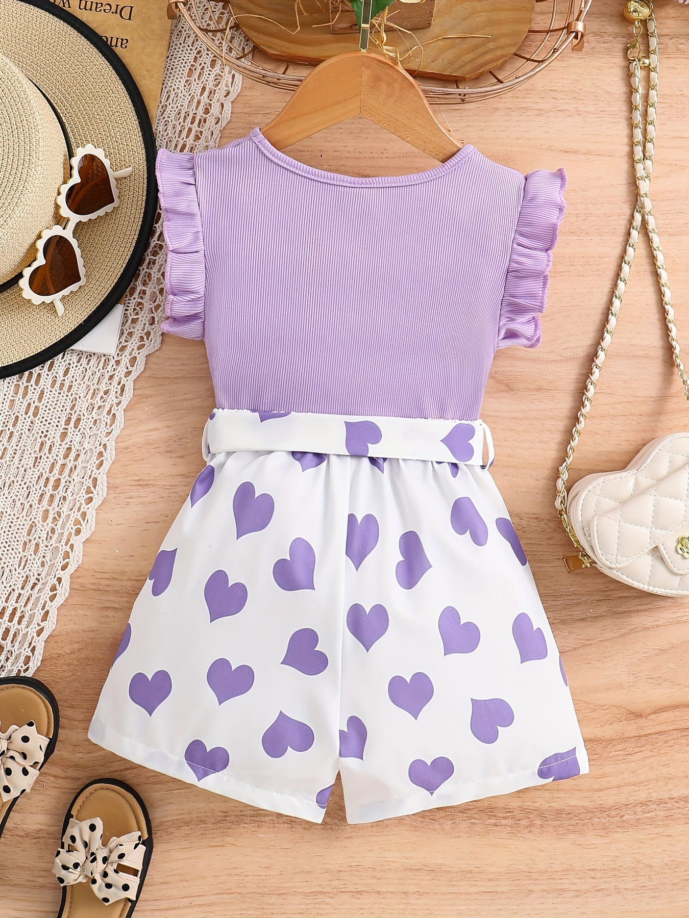 Girls Ruffle Trim Round Neck Top & Heart Graphic Belted Shorts Set Kids Summer Clothes