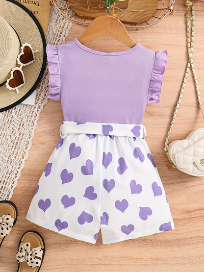Girls Ruffle Trim Round Neck Top & Heart Graphic Belted Shorts Set Kids Summer Clothes
