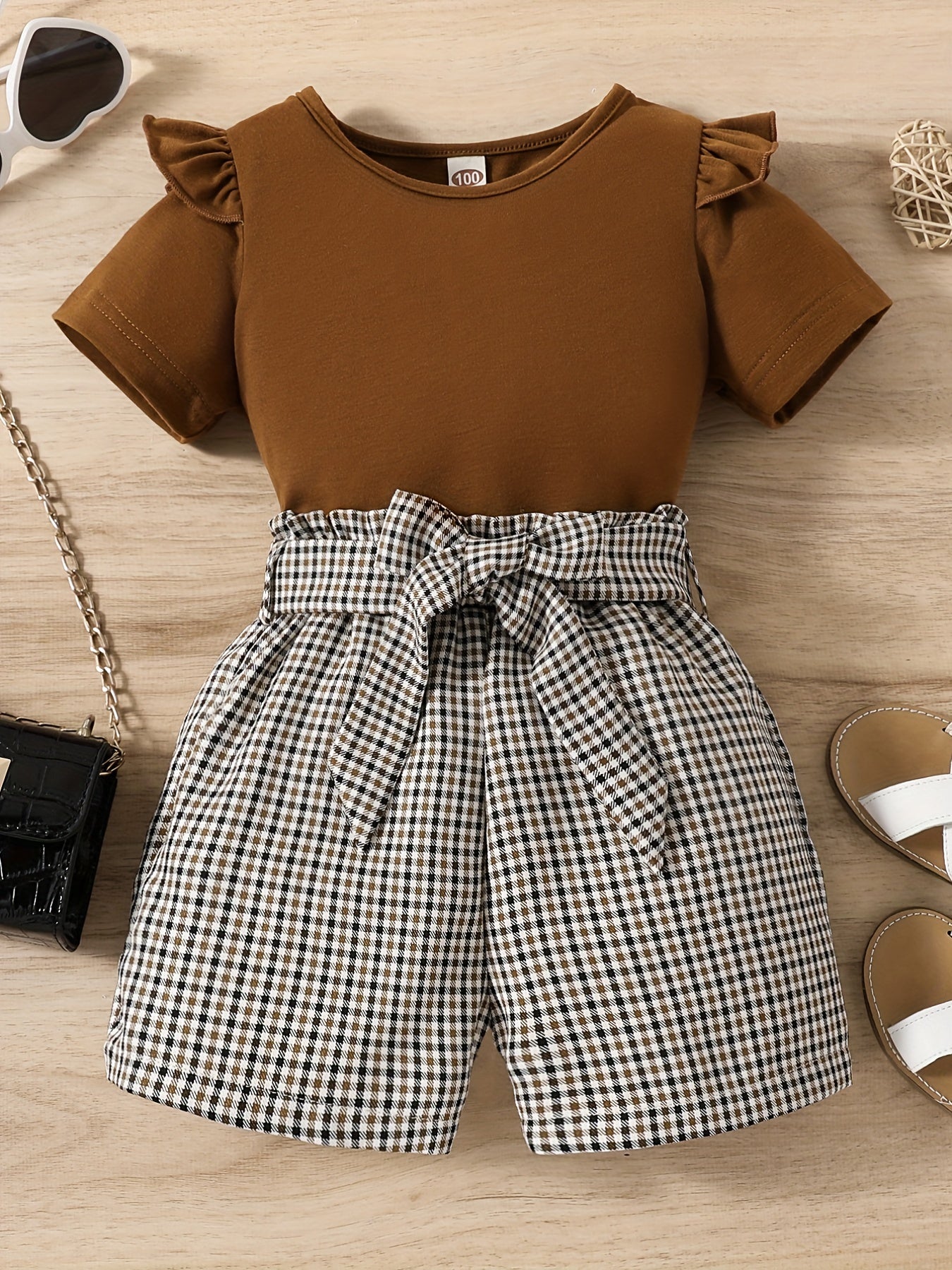 2pcs Girls Round Neck T-Shirt Ruffles Short Sleeves Tee Tops & Belted Plaid Shorts Set Summer Clothes