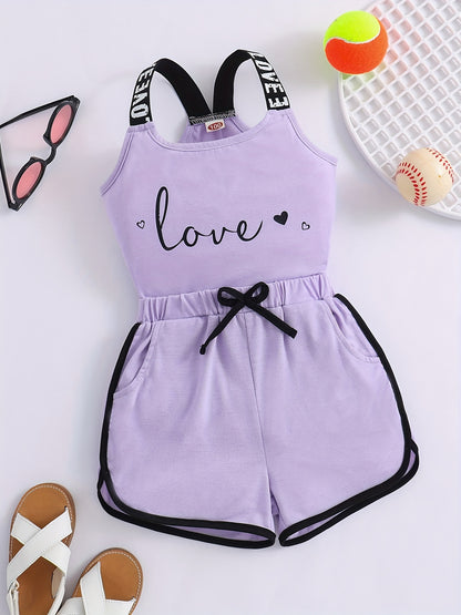 2pcs Toddler Girls Heart And "LOVE" Graphic Letter Tape Cami Top & Bow Contrast Binding Track Shorts Set Kids Summer Clothes