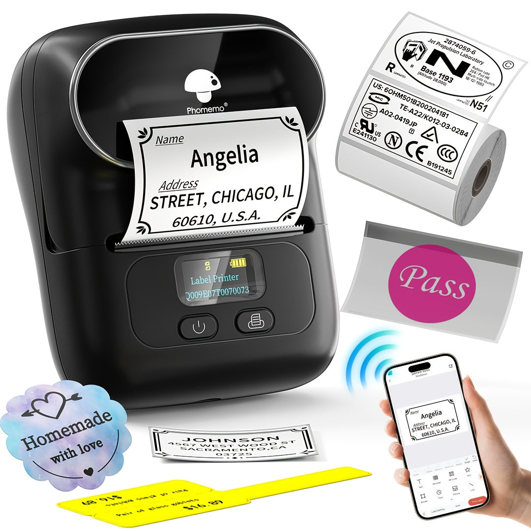 [Wireless | Portable] Phomemo Portable Wireless Thermal Label Printer M110 | Compact Wireless Barcode & Sticker Maker for Office, Retail, Jewelry Labels | Compatible with iOS & Android, Includes 1 Roll of 40×30mm Labels, Rec