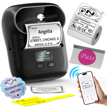 [Wireless | Portable] Phomemo Portable Wireless Thermal Label Printer M110 | Compact Wireless Barcode & Sticker Maker for Office, Retail, Jewelry Labels | Compatible with iOS & Android, Includes 1 Roll of 40×30mm Labels, Rec