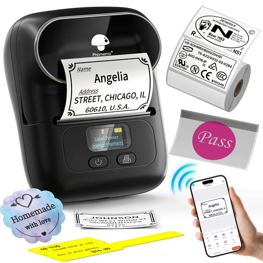 [Wireless | Portable] Phomemo Portable Wireless Thermal Label Printer M110 | Compact Wireless Barcode & Sticker Maker for Office, Retail, Jewelry Labels | Compatible with iOS & Android, Includes 1 Roll of 40×30mm Labels, Rec