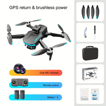 With 2 Batteries S132 GPS Remote Control Drone: Features built-in GPS, dual HD cameras, brushless motors, intelligent obstacle avoidance function, and WiFi connectivity for smartphone control. Comes with a storage bag
