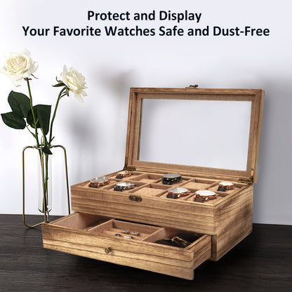 10-Slot Rustic Brown Wooden Watch Box - Large Capacity Watch Case for Men and Women, Display Organizer with Soft Velvet Interior, Perfect Gift for Boyfriend, Fathers Day, Birthday, and Anniversary