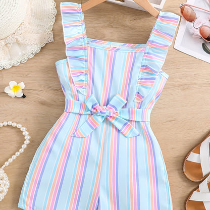 Girls Sleeveless Ruffle Trim Romper Striped Jumpsuit With Belt Kids Summer Clothes