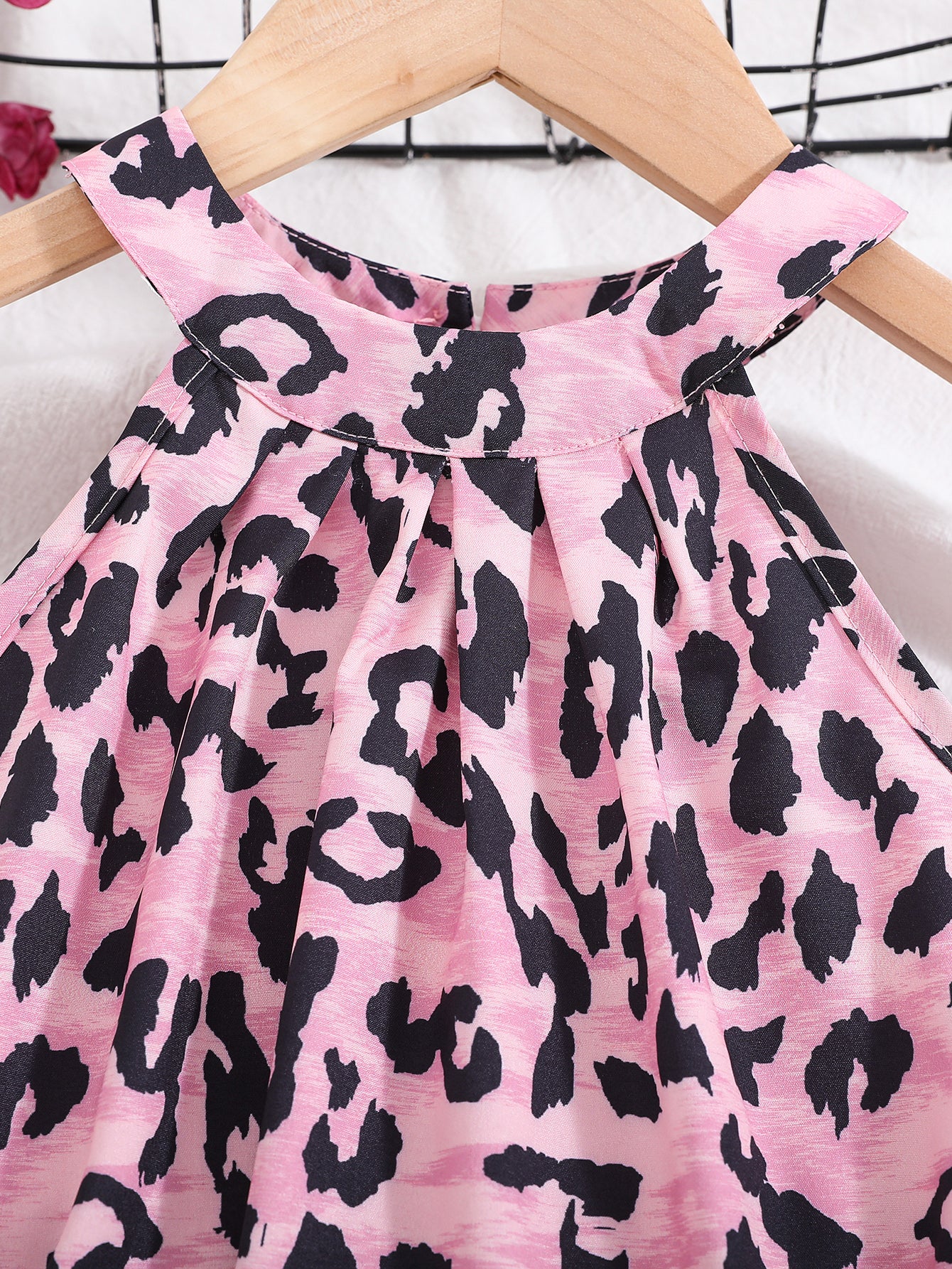 Girls Cold Shoulder Leopard Halter Top & Fake Button Shorts Set Kids Summer Clothes