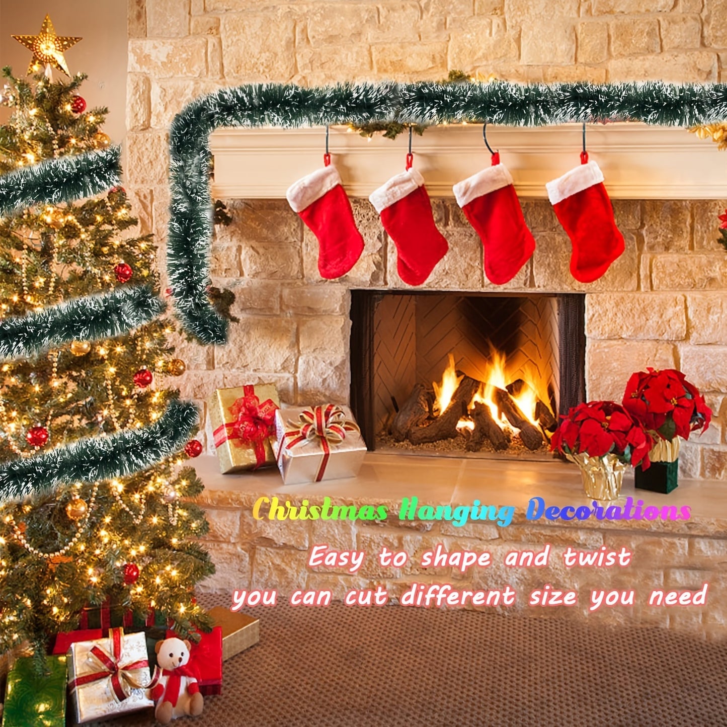 50 Feet Garland For Christmas Decorations, Green Snowy Garland, Artificial Christmas Pine Streamers For Party Hanging Ceiling Decorations