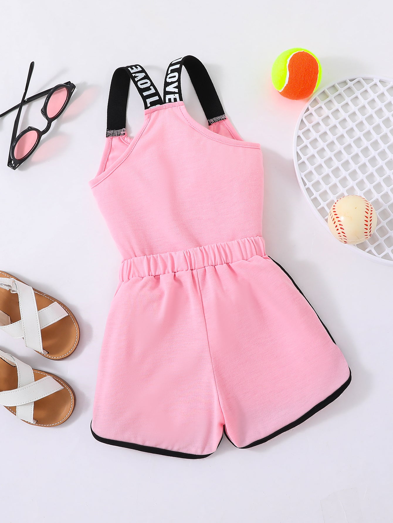 2pcs Toddler Girls Heart And "LOVE" Graphic Letter Tape Cami Top & Bow Contrast Binding Track Shorts Set Kids Summer Clothes
