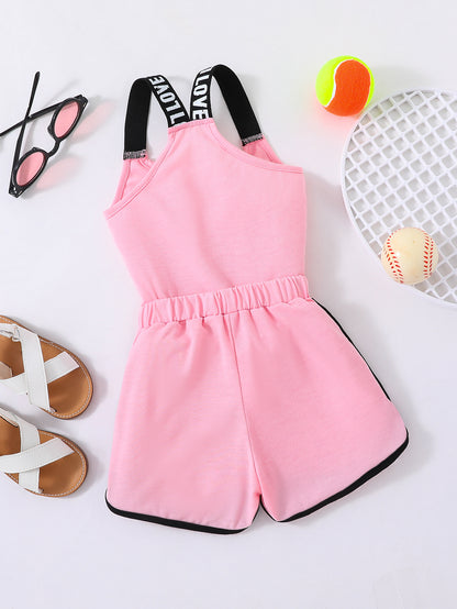 2pcs Toddler Girls Heart And "LOVE" Graphic Letter Tape Cami Top & Bow Contrast Binding Track Shorts Set Kids Summer Clothes