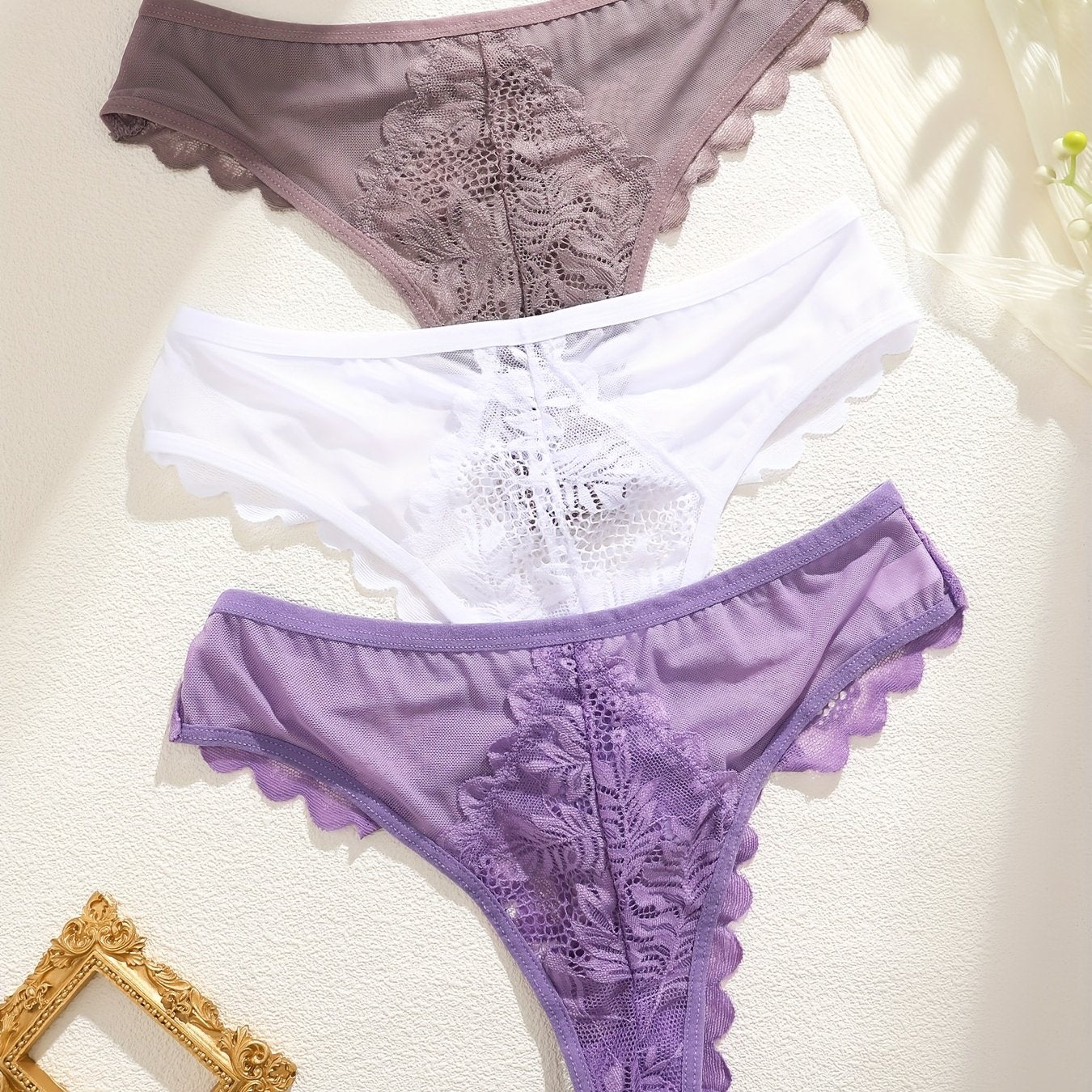 3pcs Women's Lace Trim Sexy Sheer Thong Set, Intimate Wear, Thong Collection, Feminine Lingerie, Elegant Thongs, Soft Lace, Comfortable Fit, Vstring Panties, Lowrise Underwear, Sensual Undergarments, Lingerie Lovers