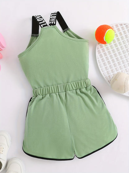 2pcs Toddler Girls Heart And "LOVE" Graphic Letter Tape Cami Top & Bow Contrast Binding Track Shorts Set Kids Summer Clothes