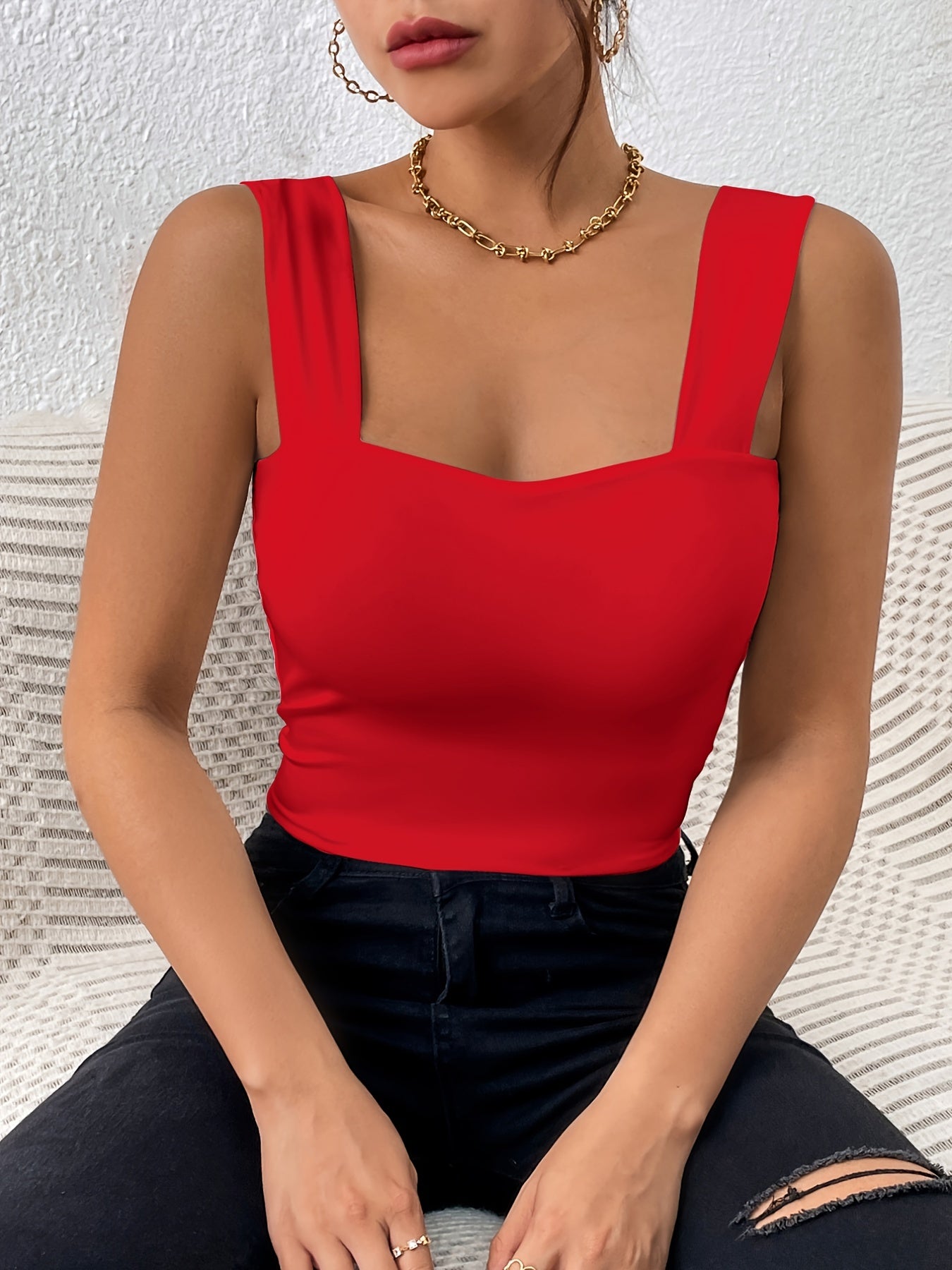 Stretchy Women's Crop Tank Top - Casual Everyday Essential - Soft, Breathable, Sleeveless, Solid Color, Comfortable, Relaxed Fit, Women's Clothing