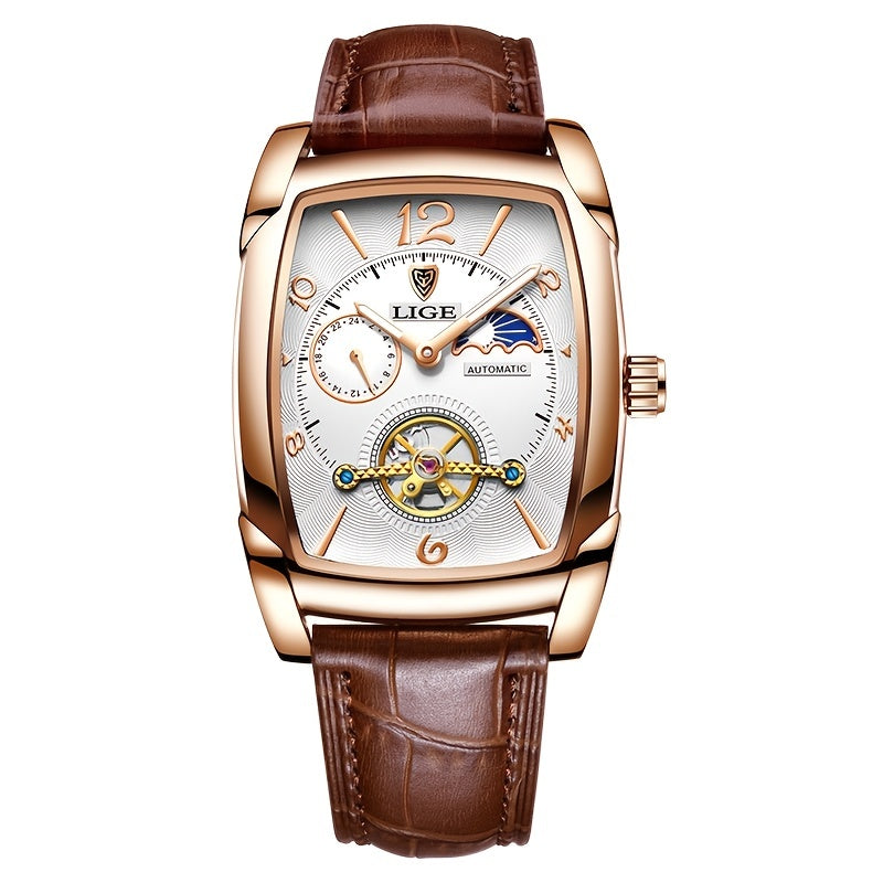 LIGE 2023 Vintage-Inspired Mechanical Men's Watch – Waterproof, Rectangular Leather Timepiece, Perfect Gift
