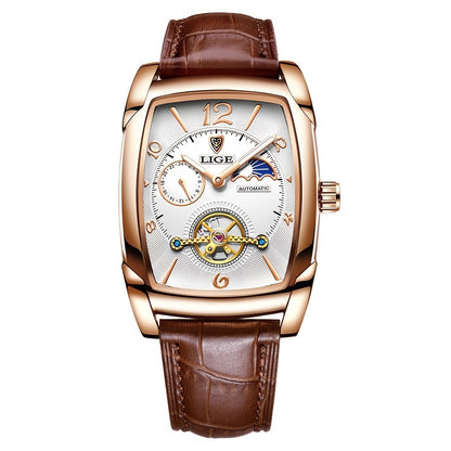 LIGE 2023 Vintage-Inspired Mechanical Men's Watch – Waterproof, Rectangular Leather Timepiece, Perfect Gift