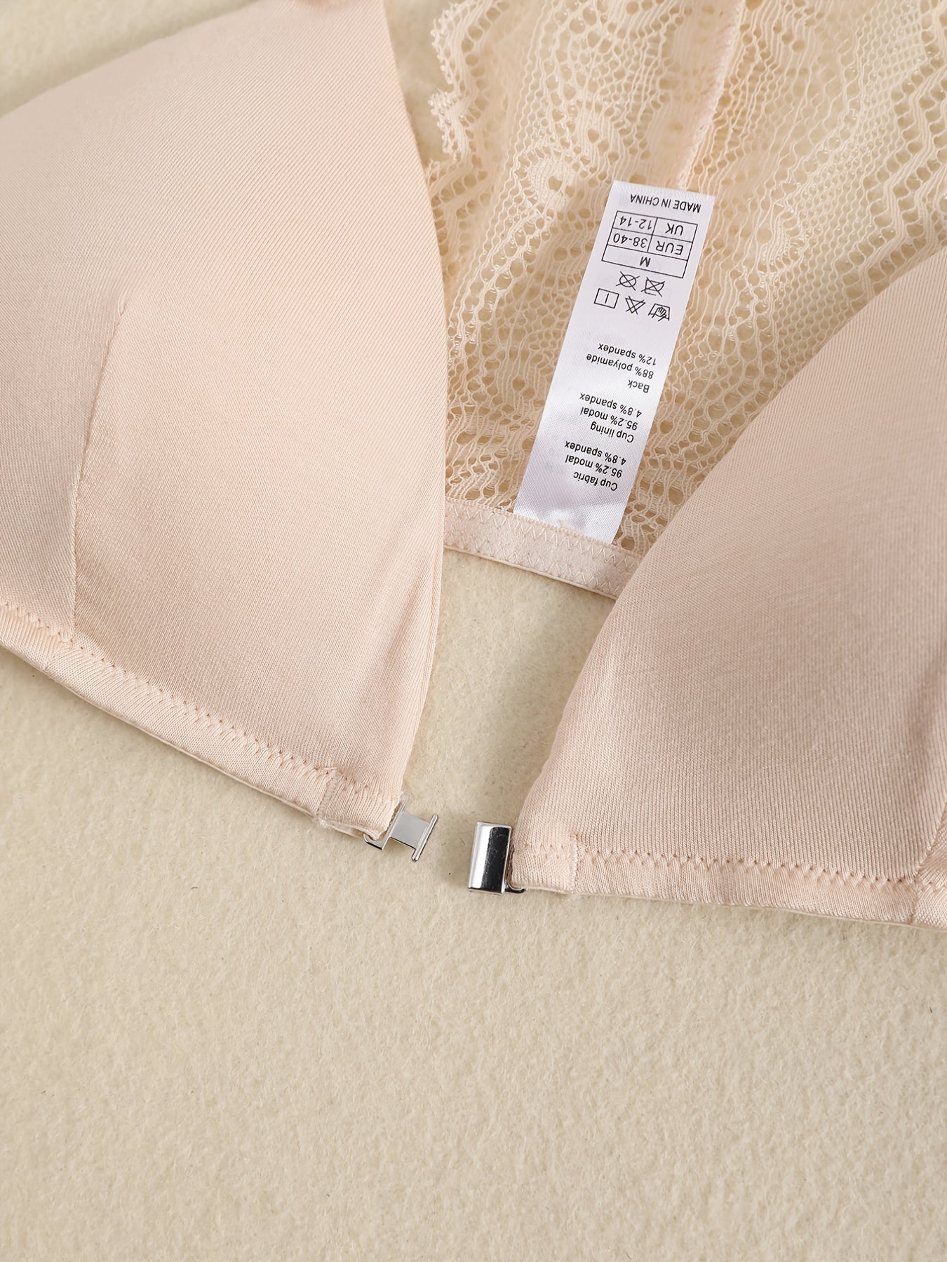Triangle Cups Front Buckle Bras, Lace Stitching Beauty Back Bra With Removable Pads, Women's Lingerie & Underwear