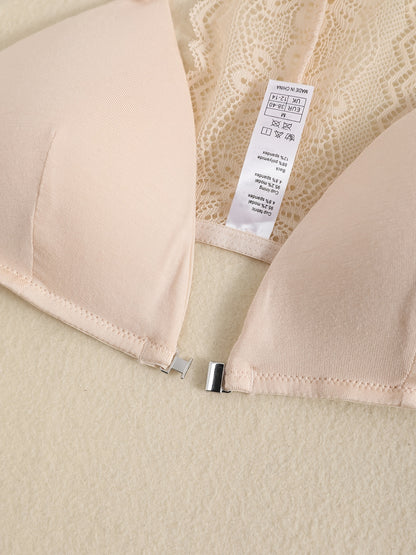 Triangle Cups Front Buckle Bras, Lace Stitching Beauty Back Bra With Removable Pads, Women's Lingerie & Underwear