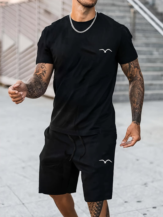 2Pcs Mens Seagull Print Loungewear Set - Fashionable Casual Crew Neck T-Shirt & Drawstring Shorts for Summer - Comfortable Short Sleeve Outfit for Lounging, Vacation, and Workout