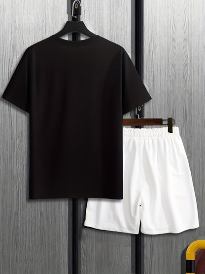 Mens 2Pcs Coconut Tree Print Outfit - Lightweight & Comfortable Casual T-Shirt & Drawstring Shorts Set - Perfect Summer Style with Quick-Dry Technology
