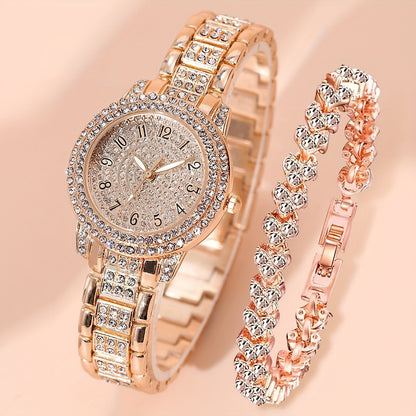 2pcs Women Watches Bracelet Golden Tone Alloy Quartz Watch Stylish Rhinestone Bling Dress Watch Wristwatches, For Xmas