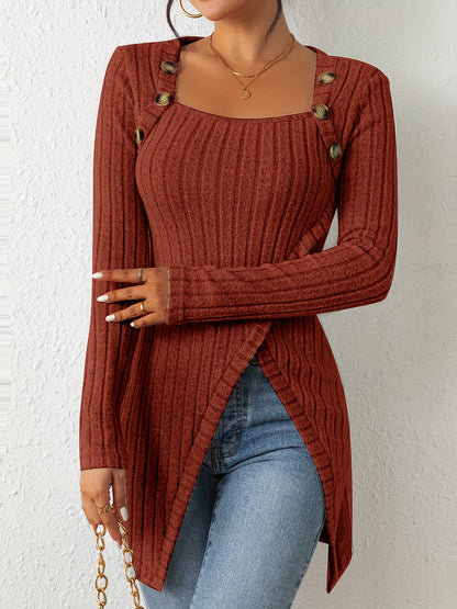 Button Decor Asymmetrical Hem T-Shirt, Casual Ribbed Long Sleeve Top For Spring & Fall, Women's Clothing