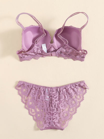 Romantic Lace Embroidery Lingerie Set - Soft & Breathable Push-Up Bra with Sheer Panty - Perfect Seductive Valentines Gift for Her - Womens Comfortable Intimate Wear
