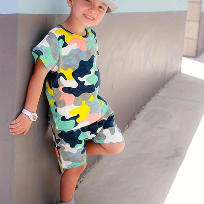 Boys Fashionable Camouflage Two-piece Set - Lightweight T-shirt & Shorts for Summer Playtime - Trendy & Comfortable Everyday Wear