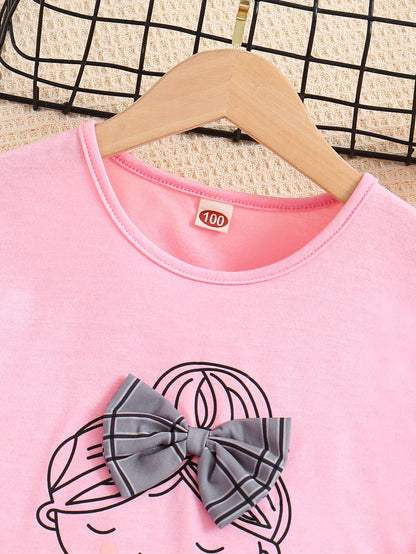 2pcs Girls Figure Graphic T-Shirts Round Neck Ruffle Sleeve Tees Top & Elastic Waist Bow Plaid Shorts Set Kids Summer Clothes