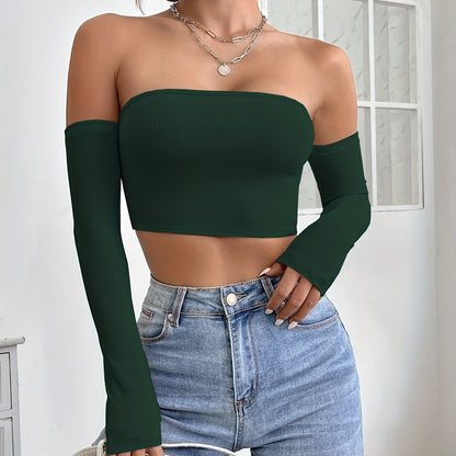 Women's Off-Shoulder Short Crop Top - Slim-Fit Sleeve Stretchy Shirt, Solid Black All-Season Versatile Top for Casual & Formal Outfits, Machine Washable Elegant Women's Fashion Apparel