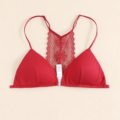 Triangle Cups Front Buckle Bras, Lace Stitching Beauty Back Bra With Removable Pads, Women's Lingerie & Underwear