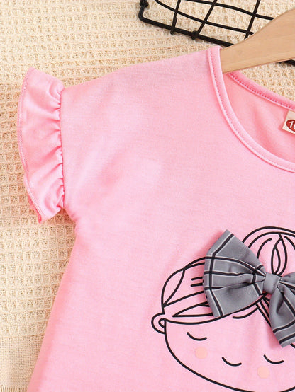 2pcs Girls Figure Graphic T-Shirts Round Neck Ruffle Sleeve Tees Top & Elastic Waist Bow Plaid Shorts Set Kids Summer Clothes