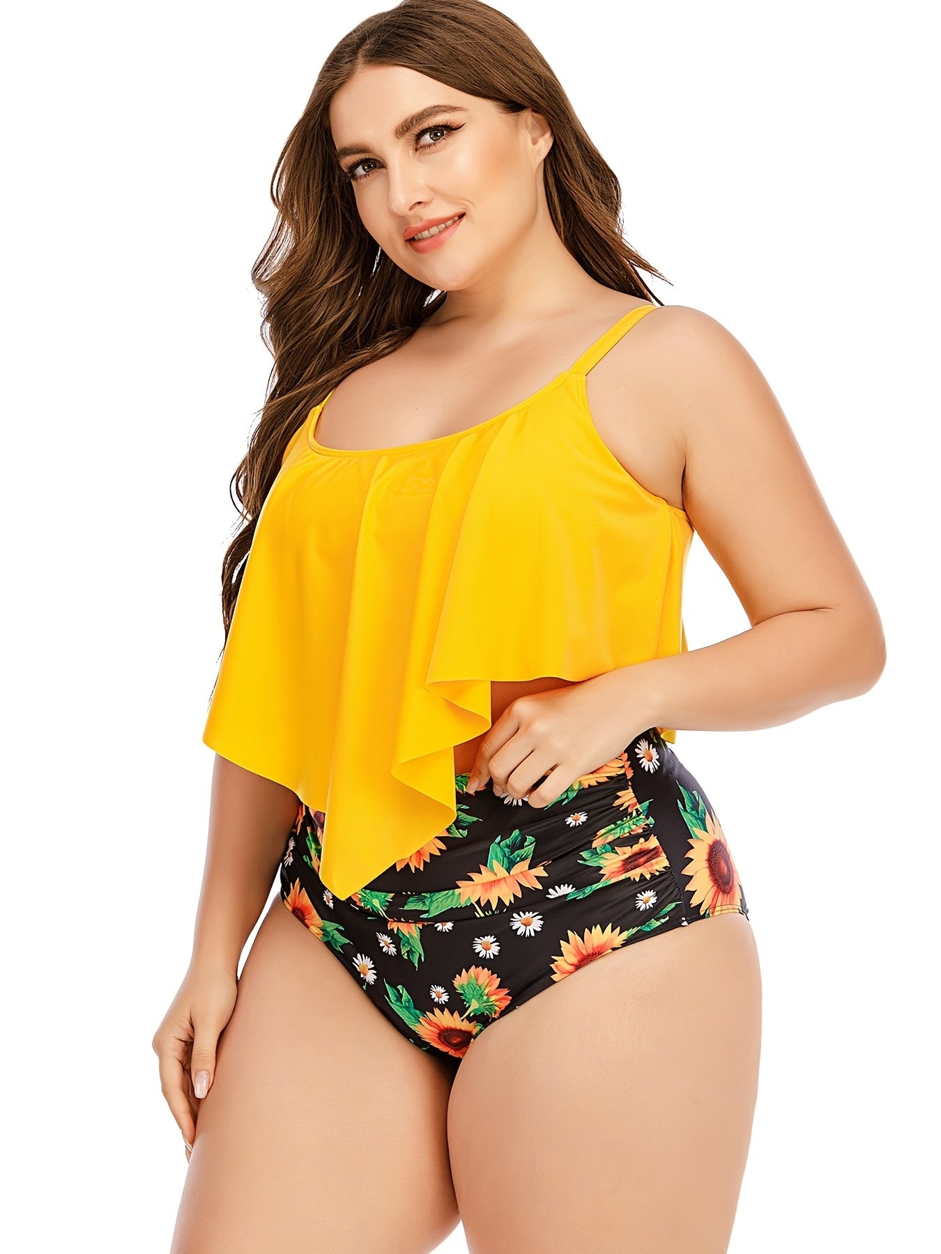 2pcs Plus Size Irregular Hem Top & Sunflower Print Panty Swimsuit Set, Women's Plus Medium Stretch Modest Swimsuit Set