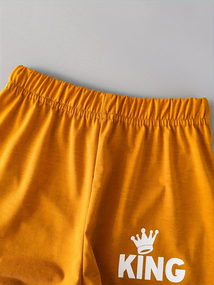 2pcs Boys Teen Cute "KING" Crown Graphic Print T-shirt & Shorts Set Clothes For Summer
