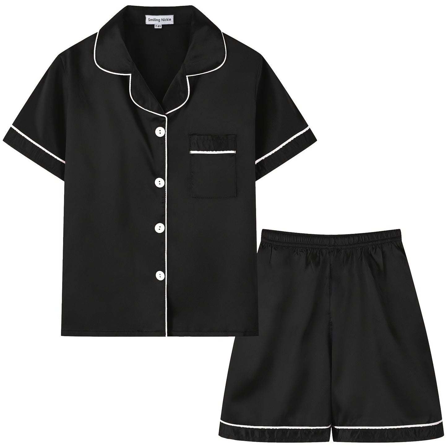 2pcs Girls Pajamas Outfit V-neck Button Casual Short Sleeve Top & Elastic Waist Shorts Set Kids Summer Clothes