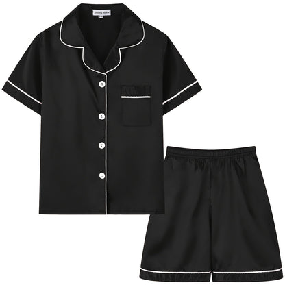 2pcs Girls Pajamas Outfit V-neck Button Casual Short Sleeve Top & Elastic Waist Shorts Set Kids Summer Clothes