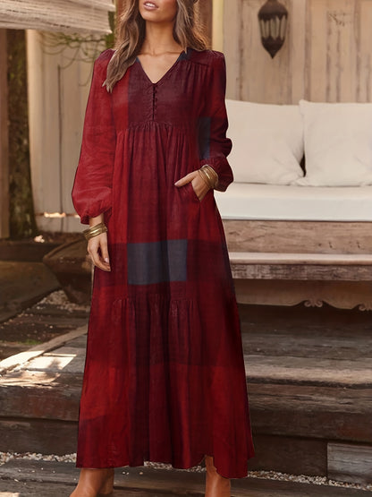 Patchwork Print Loose Dress, Boho V Neck Long Sleeve Dress, Women's Clothing