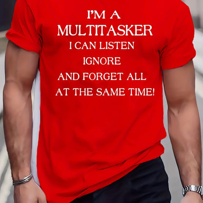 Men's Plus Size Beige T-Shirt - "I'm a Multitasker" Humorous Print, Casual Mid-Stretch Crew Neck, Short Sleeve, Ideal for Summer, Youth Casual Top|Humorous Print Tee|Nontransparent Material, PLUS SIZE