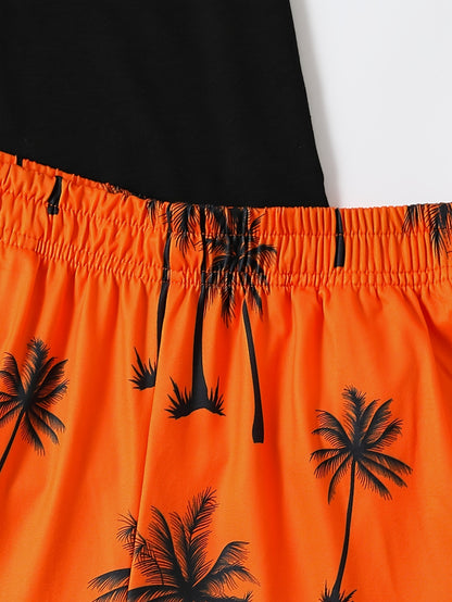 2Pcs Men's Palm Trees Print Casual Crew Neck Short Sleeve T-shirt And Drawstring Sweatpants Joggers Set For Summer