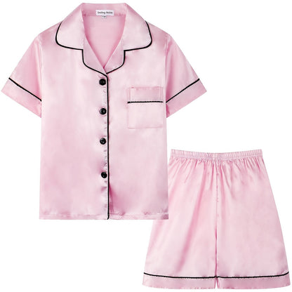 2pcs Girls Pajamas Outfit V-neck Button Casual Short Sleeve Top & Elastic Waist Shorts Set Kids Summer Clothes