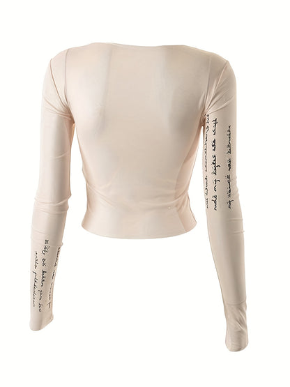 Trendy Letter Print Mesh Top - Fashionable & Breathable Semi-sheer Womens T-shirt - Long Sleeve Spring & Summer Essential