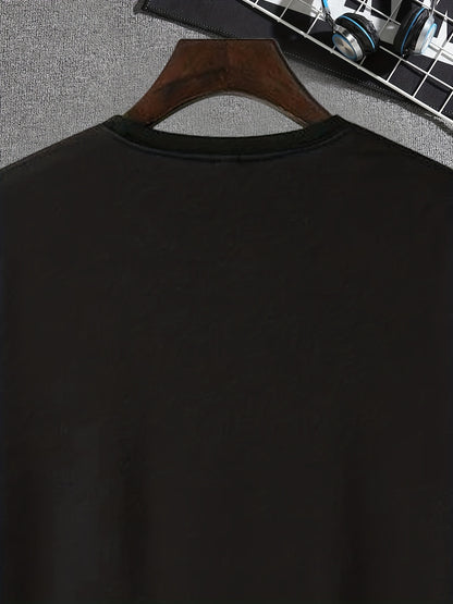 Mens Geometric Print Crew Neck T-Shirt - Soft Slight Stretch Polyester Fabric, Casual Short Sleeve Tee for Summer Spring Fall, Unique Applique Artwork, Machine Washable, Perfect Gift