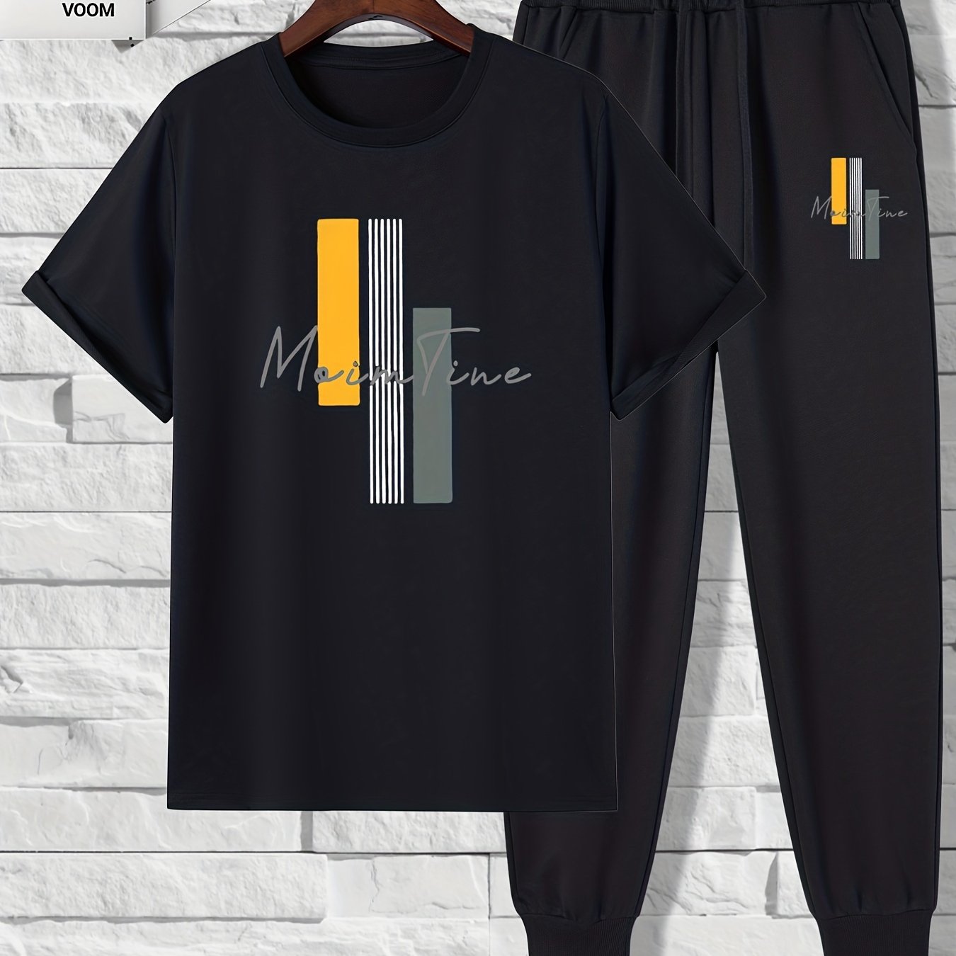 Color Blocks Print, Men's 2 Pieces Outfits, Short Sleeve T-Shirt And Drawstring Trousers Set