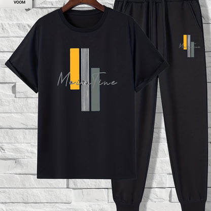 Color Blocks Print, Men's 2 Pieces Outfits, Short Sleeve T-Shirt And Drawstring Trousers Set