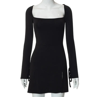 Spring New Mini Dresses Women Streetwear Fashion Long Sleeves Lace-up Split Dress Black Sexy Elegant Casual Slim Dresses Female