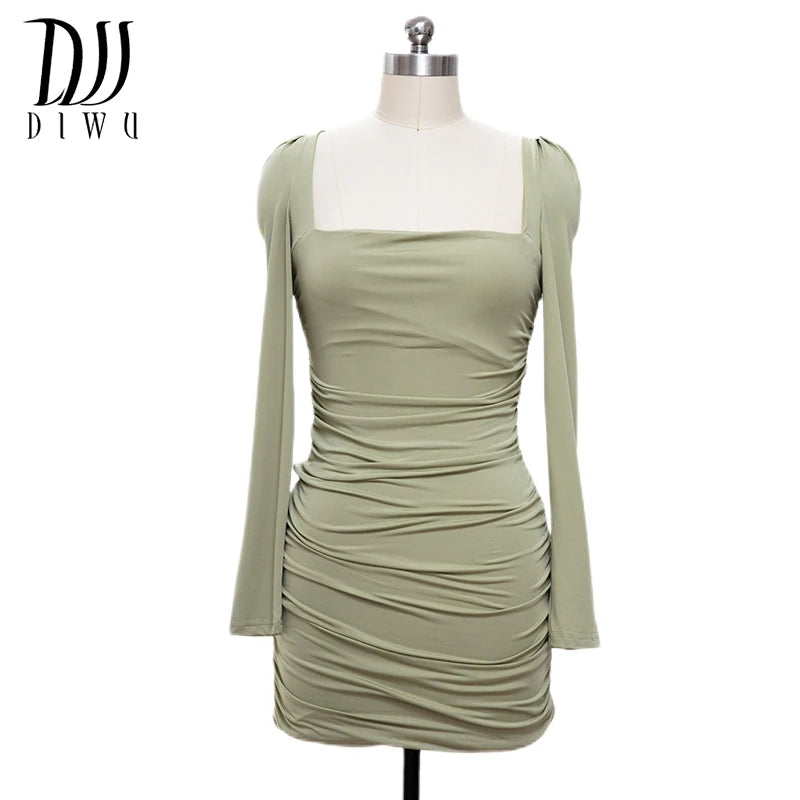 DIWU Long Sleeve Sexy White Bodycon Bouncy Dress Women Square Neck Ruched Backless Straps Elegant Mini Dresses
