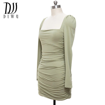 DIWU Long Sleeve Sexy White Bodycon Bouncy Dress Women Square Neck Ruched Backless Straps Elegant Mini Dresses