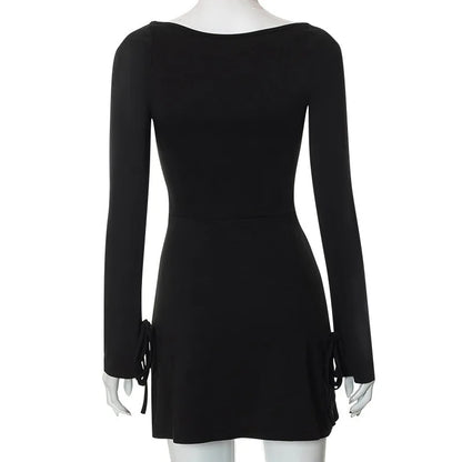 Spring New Mini Dresses Women Streetwear Fashion Long Sleeves Lace-up Split Dress Black Sexy Elegant Casual Slim Dresses Female