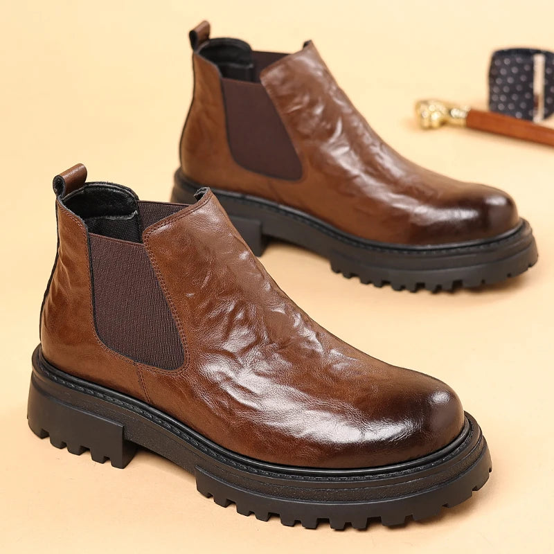 Cowhide Genuine Leather Ankle Boots Comfortable Real Cook Leather Dress Shoes Handsome Classy Slip on Men Boots