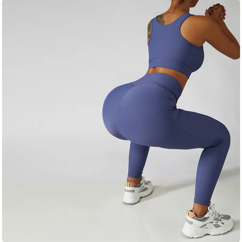 PASUXI Seamless Ribbed Workout Outfits for Women 2/4 Piece Sport Bra High Waist Shorts Yoga Leggings Sets Fitness Gym Clothing