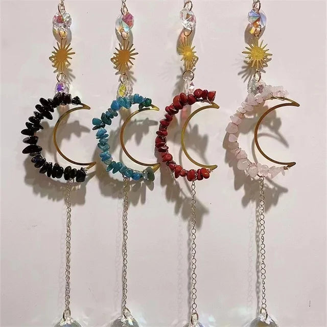 Wholesale Crystals Moon Shaped Natural Mixed Crystal Stone Chips Angel Sun Catcher Stained Glass Hangings for Sale